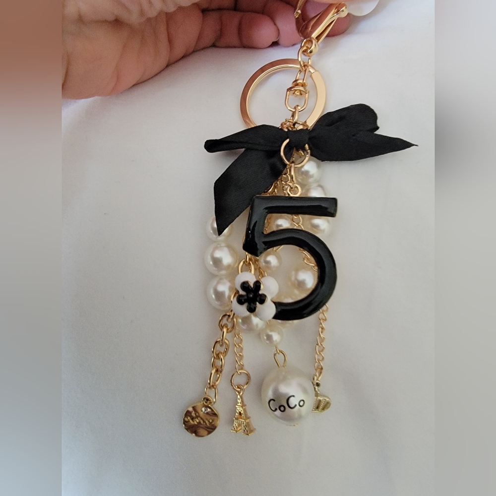 Black and Gold Tone Keychain with Pearl Accents